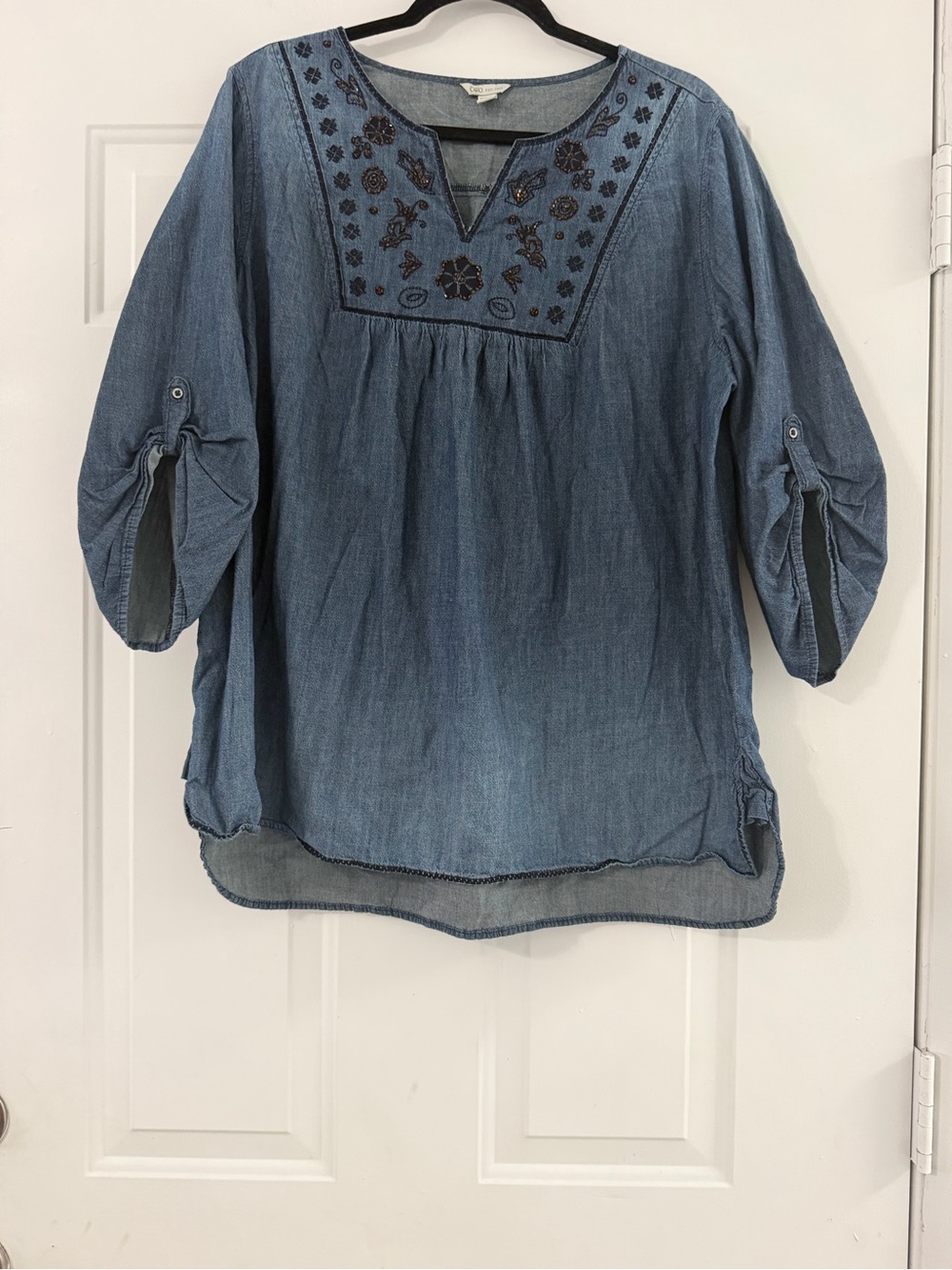 Cato Blue Embroidered Chambray Peasant Tunic